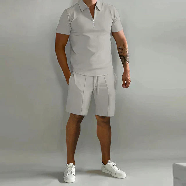 Alistair | Men's Zip Polo Shirt & Shorts Set - Black - Image 2