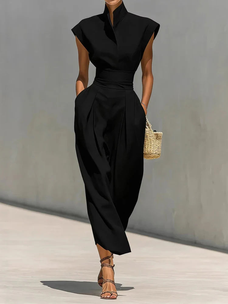 Anais | Women's Stand Collar Tailored Jumpsuit - Burgundy - Image 2