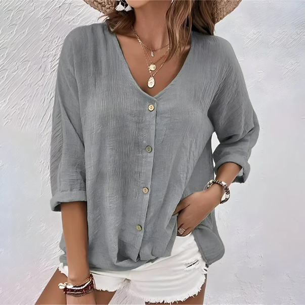 Anastara | Women's V Neck Button Front Long Sleeve Blouse - Image 2