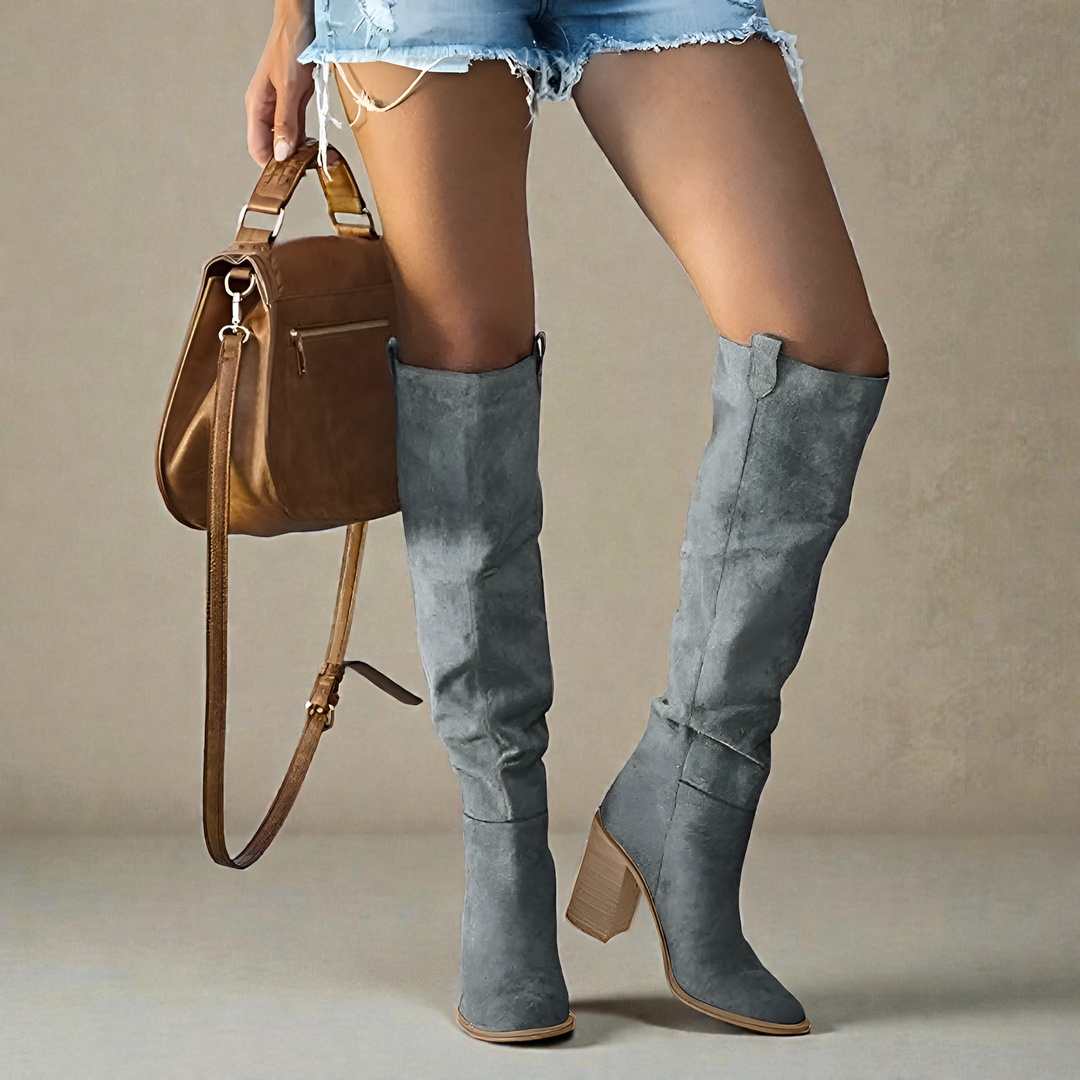 Artemis | Women's Grey Knee High Block Heel Boots - Image 1