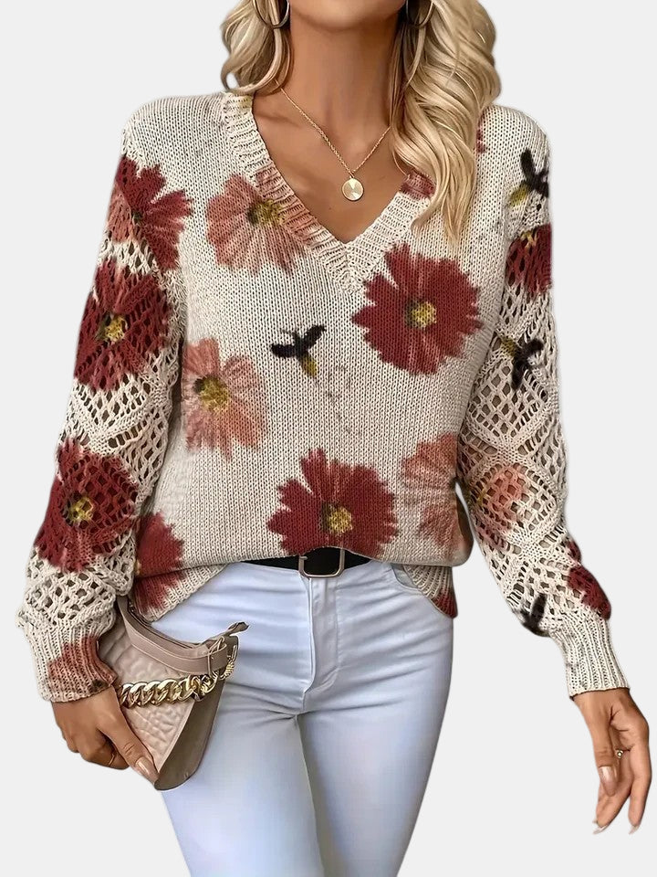 Artemisia | Women's Floral V-Neck Long Sleeve Sweater - Image 2
