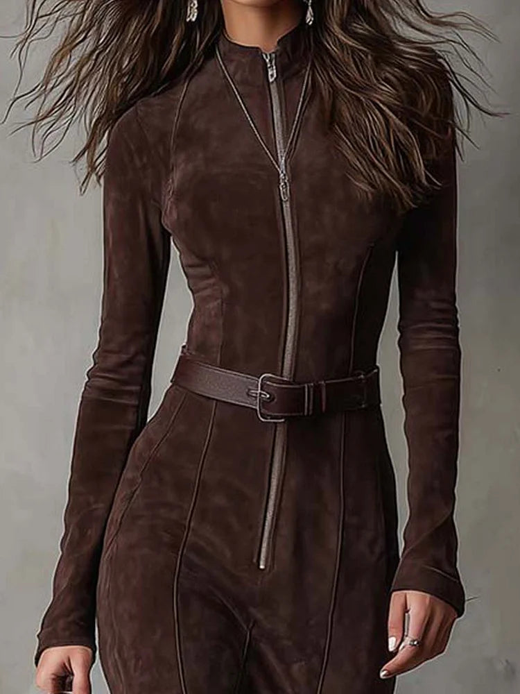 Astoria | Women's Long Sleeve Zip Front Maxi Dress - Brown - Image 2