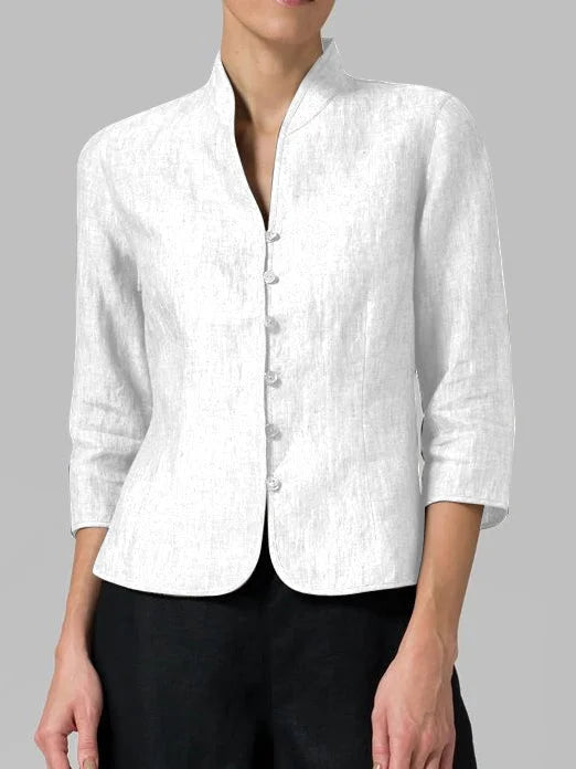 Calina | Women's Mandarin Collar 3/4 Sleeve Button-Up Blouse - Light Blue - Image 2