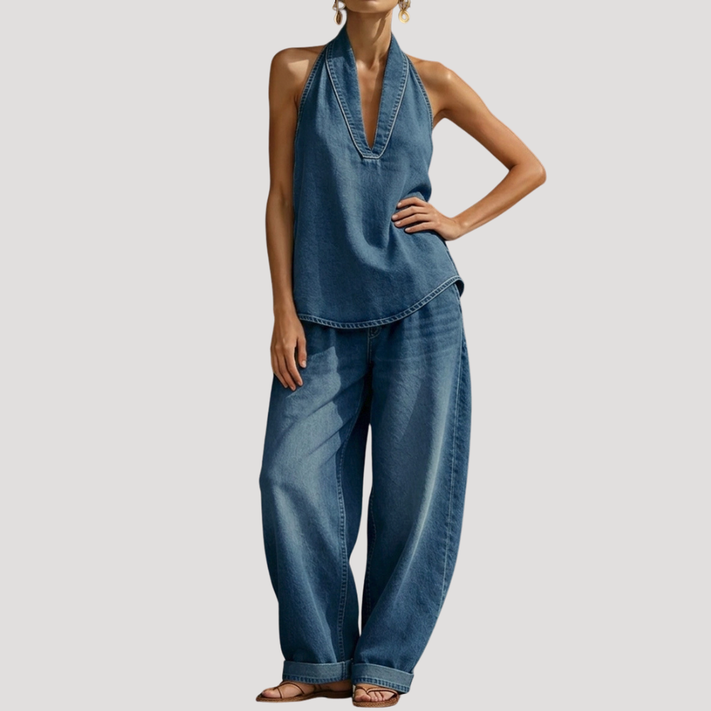 Calista | Women's Halter Neck Wide Leg Two Piece Set - Blue - Image 2