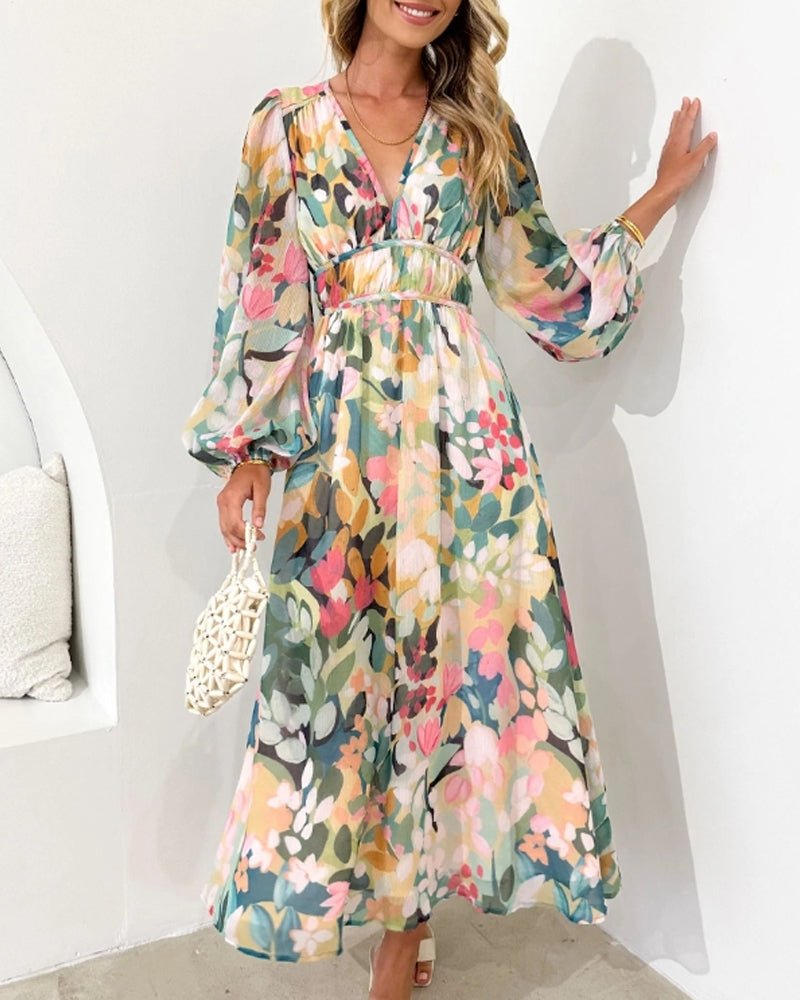 Cassara | Women's Floral V-Neck Long Sleeve Midi Dress - Floral - Image 2
