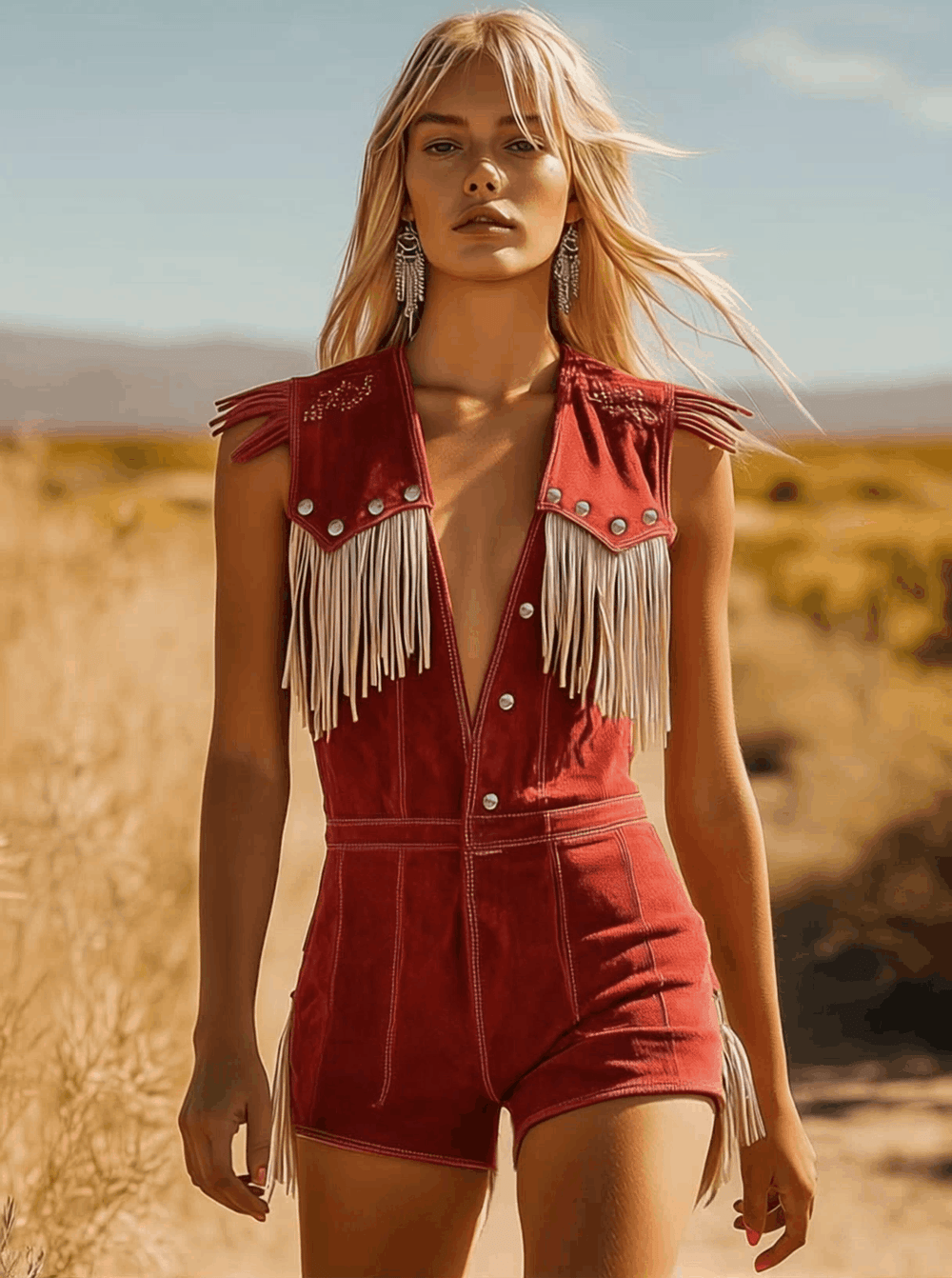 Catori | Women's Western Fringe Sleeveless Romper - Red - Image 2