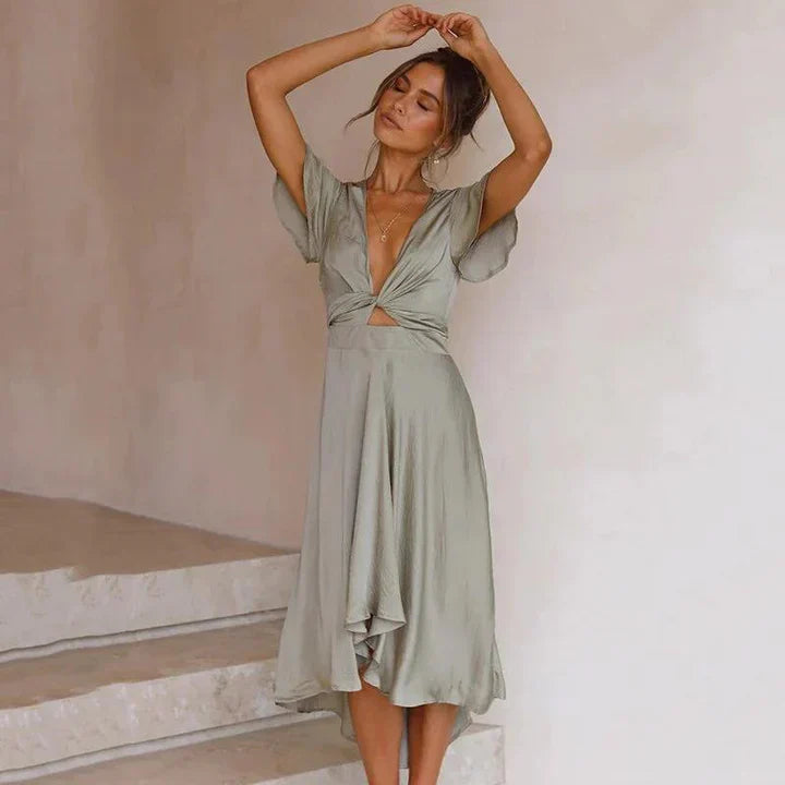 Celeste | Women's Wrap V-Neck Flutter Sleeve Midi Dress - Image 2