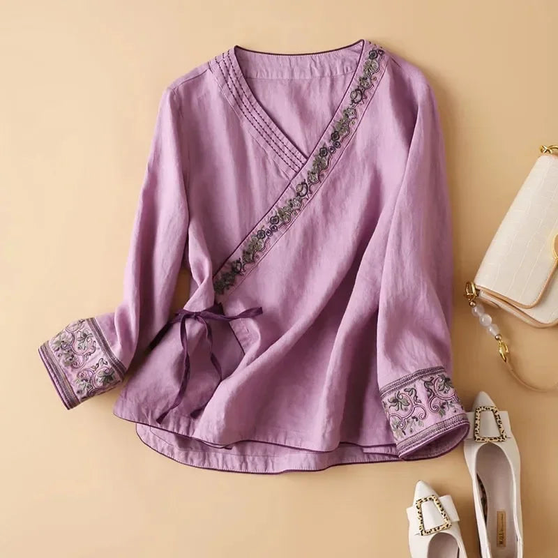 Celestia | Women's Embroidered Wrap Long Sleeve Blouse - Image 2