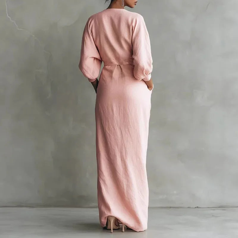 Celindra | Women's Wrap Waist Long Sleeve Maxi Dress - Pink - Image 2
