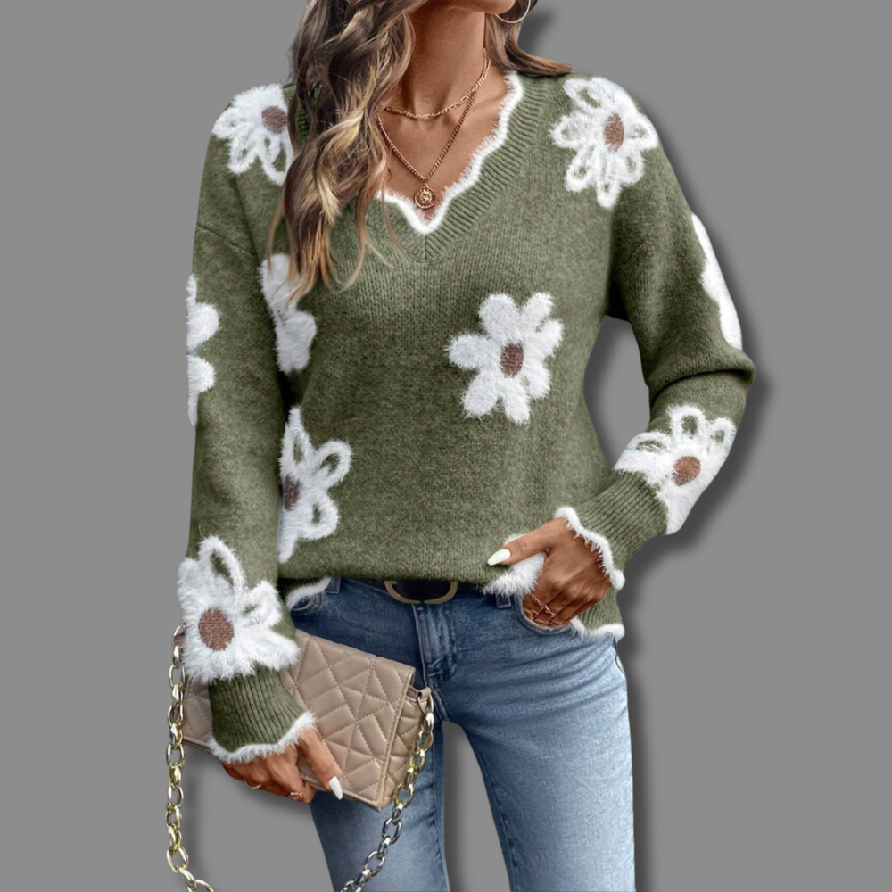 Chloe | Women's Floral V Neck Long Sleeve Sweater - Image 2