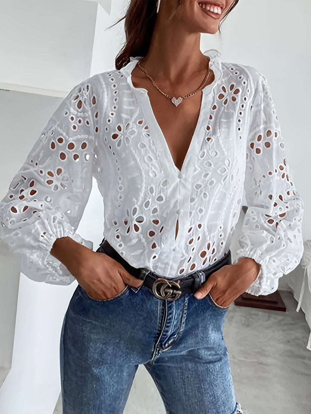 Claudette | Women's Eyelet Long Sleeve Blouse - White - Image 2