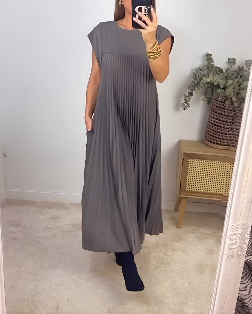Claudette | Women's Pleated Round Neck Maxi Dress - Image 2