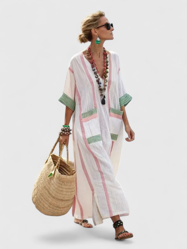 Clementine | Women's Striped V-Neck Kaftan Maxi Dress - Image 1