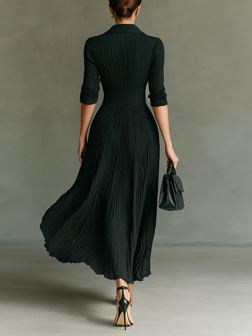 Cordanna | Women's Collared Pleated Long Sleeve Maxi Dress - Dark Green - Image 2