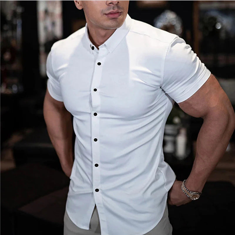 Corvus | Men's Slim Fit Short Sleeve Mandarin Collar Shirt - Burgundy - Image 2