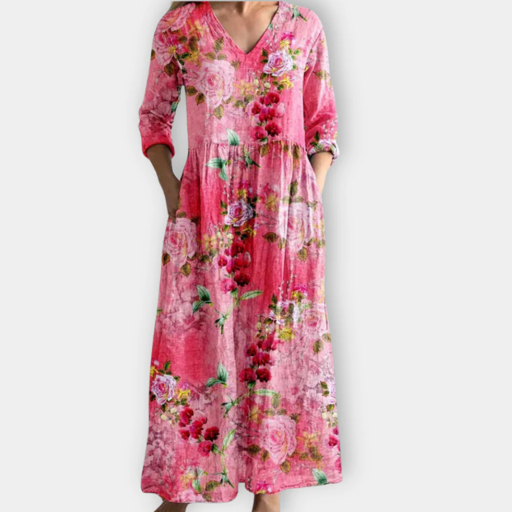 Delphia | Women's Floral V-Neck 3/4 Sleeve Maxi Dress - Floral - Image 2