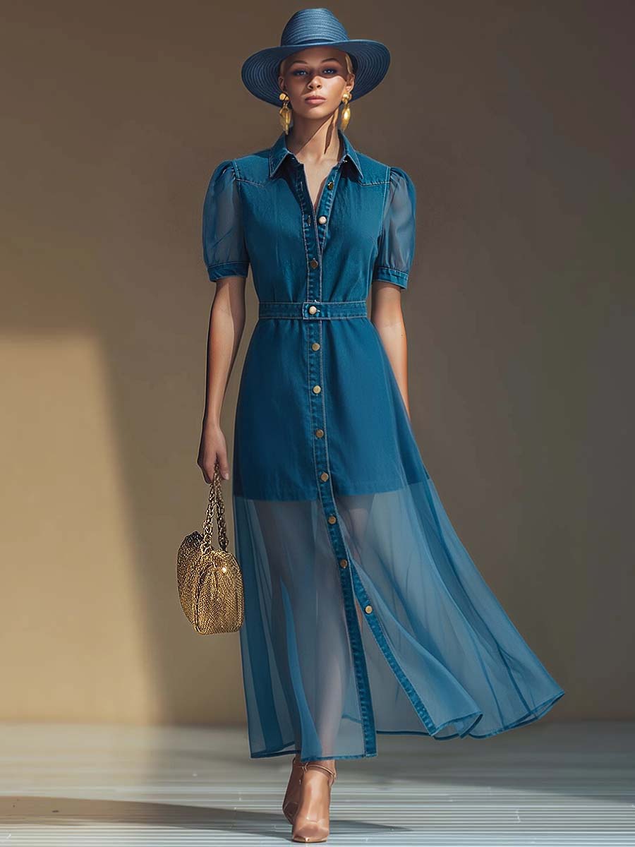 Delphine | Women's Collared Button Front Denim Maxi Dress - Blue - Image 2