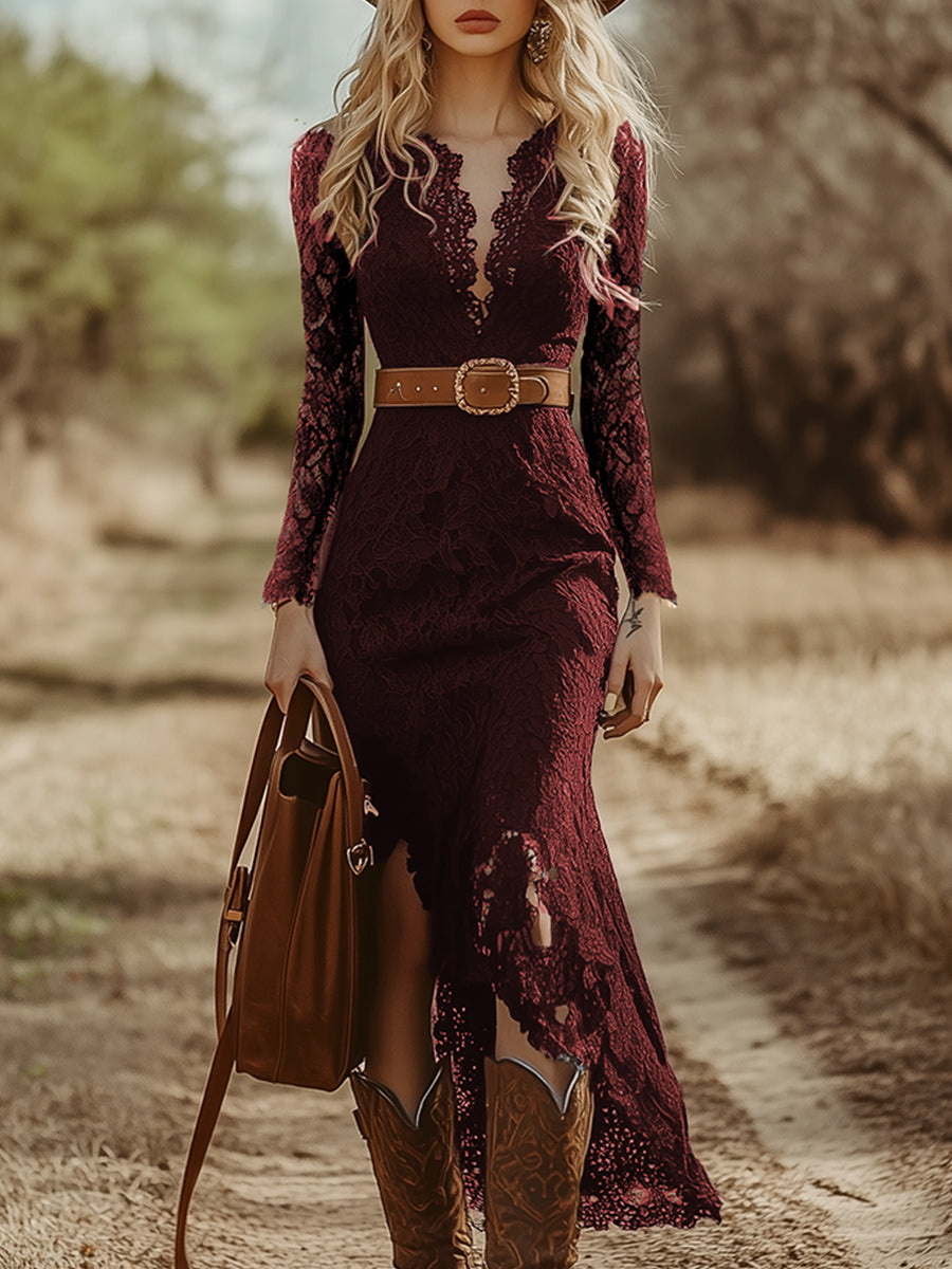 Elspeth | Women's V-Neck Long Sleeve Lace Midi Dress - Image 2