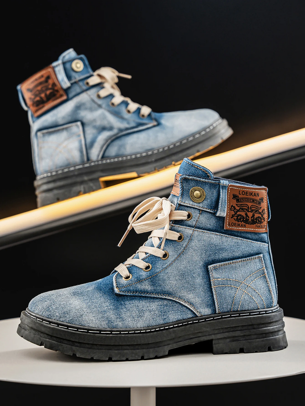 Endric | Men's Denim Lace-Up Ankle Boot Chunky Sole - Light Blue - Image 2