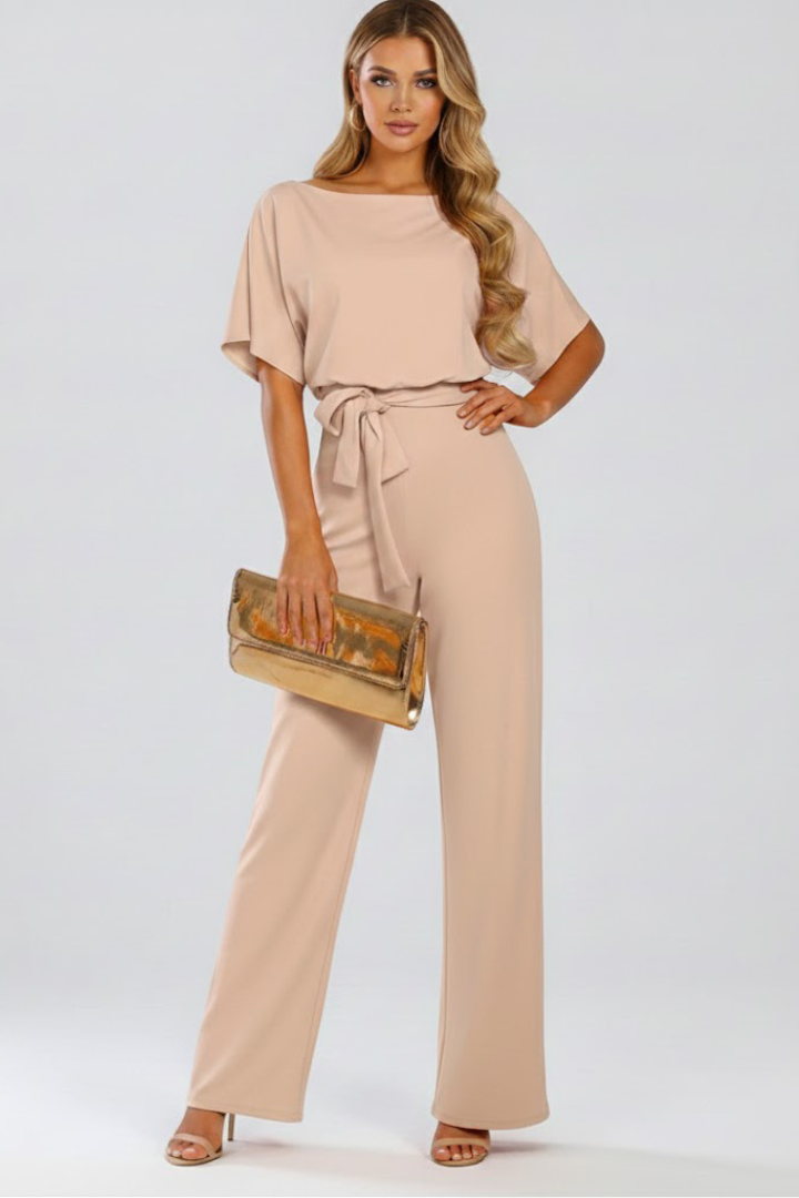 Fiona | Women's Wide Leg Tie Waist Short Sleeve Jumpsuit - Beige - Image 2