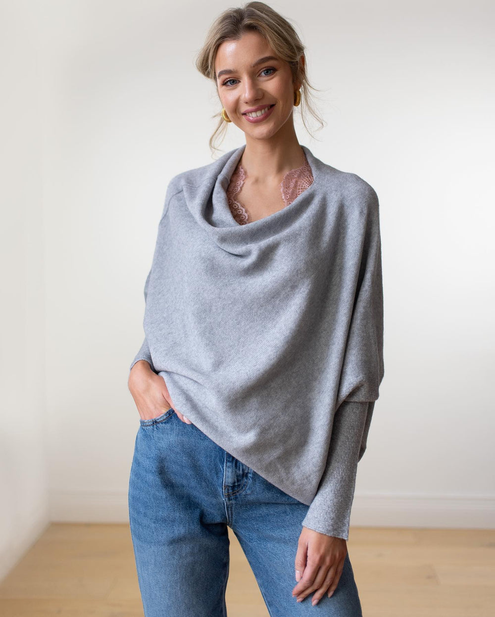 Fleur | Women's Off Shoulder Asymmetric Draped Sweater - Light Grey - Image 2