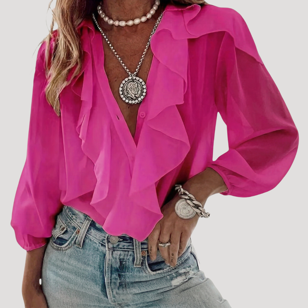 Fleur | Women's Ruffle Front Long Sleeve Blouse - White - Image 2