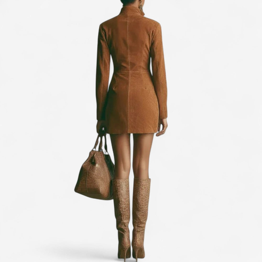 Juliette | Women's Front Zip Long Sleeve Mini Dress - Brown - Image 2