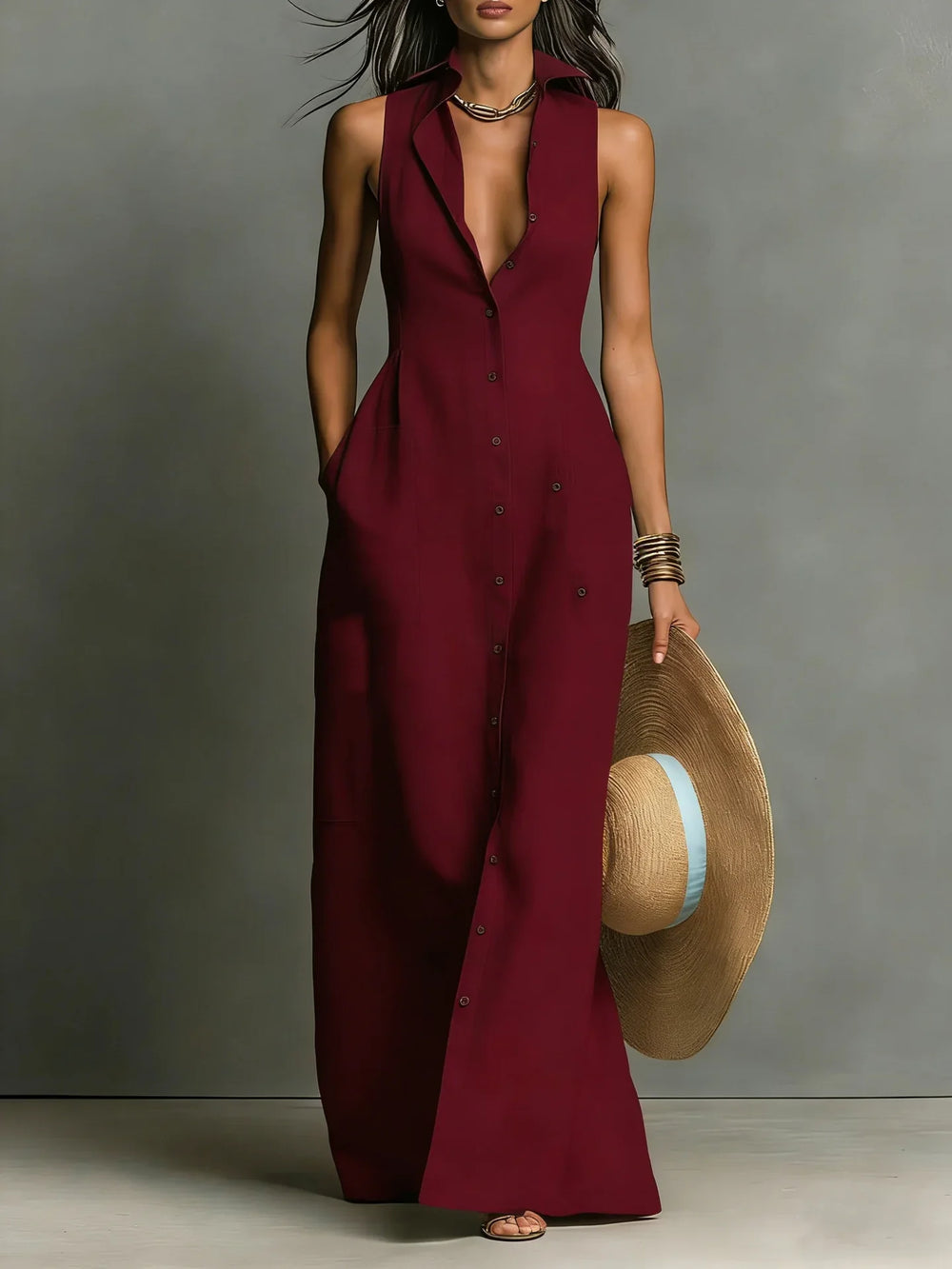 Léa | Women's Sleeveless Collared Button-Through Maxi Dress - Red - Image 2
