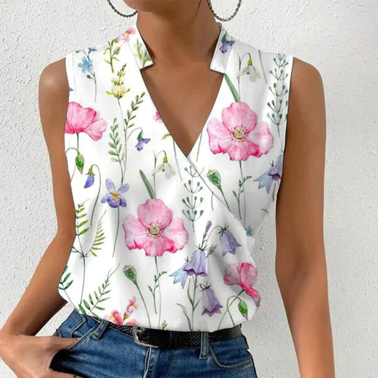 Linnea | Women's Floral Print Sleeveless V-Neck Blouse - Floral - Image 2