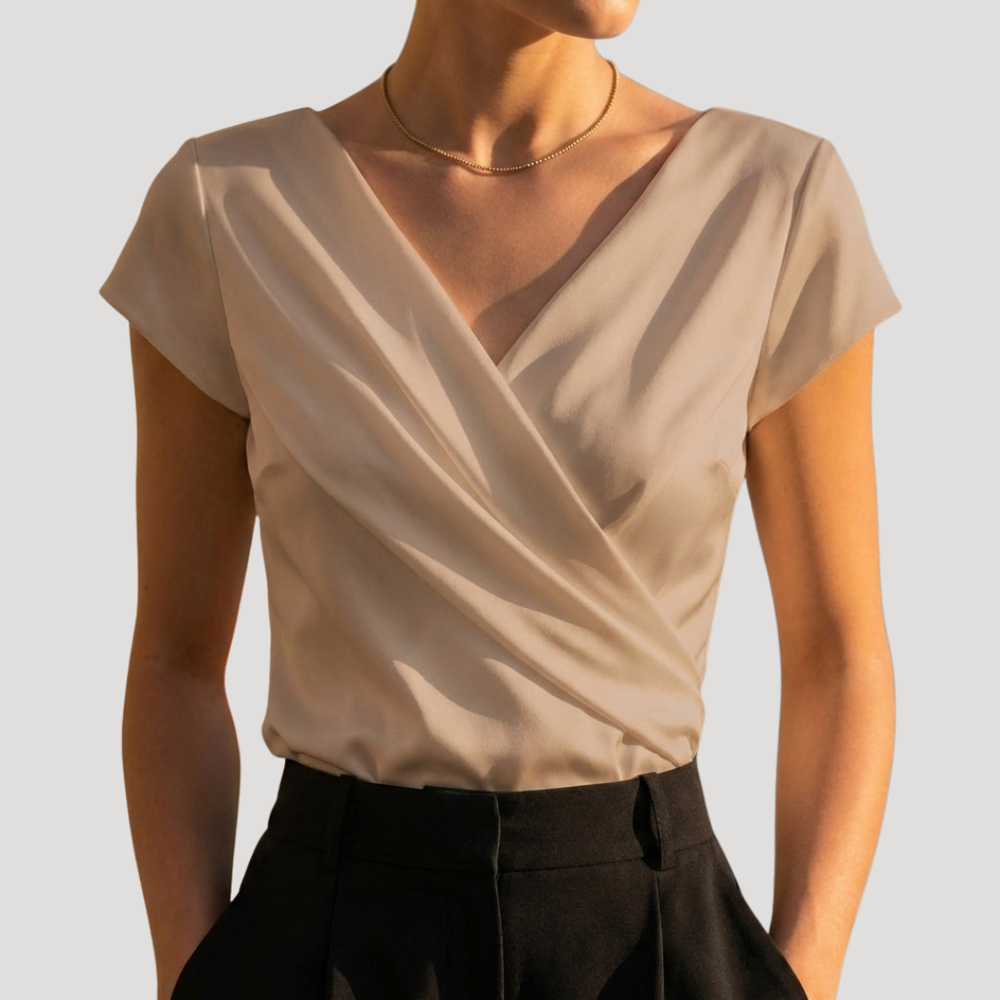 Linnea | Women's Wrap Front Cap Sleeve Blouse - Cream - Image 2