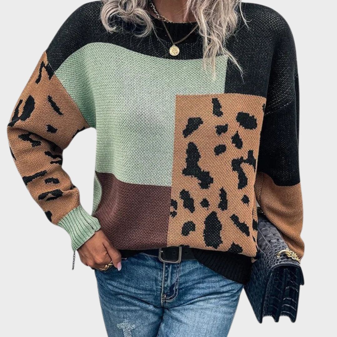 Lydia | Women's Leopard Print Colour Block Sweater - Image 1