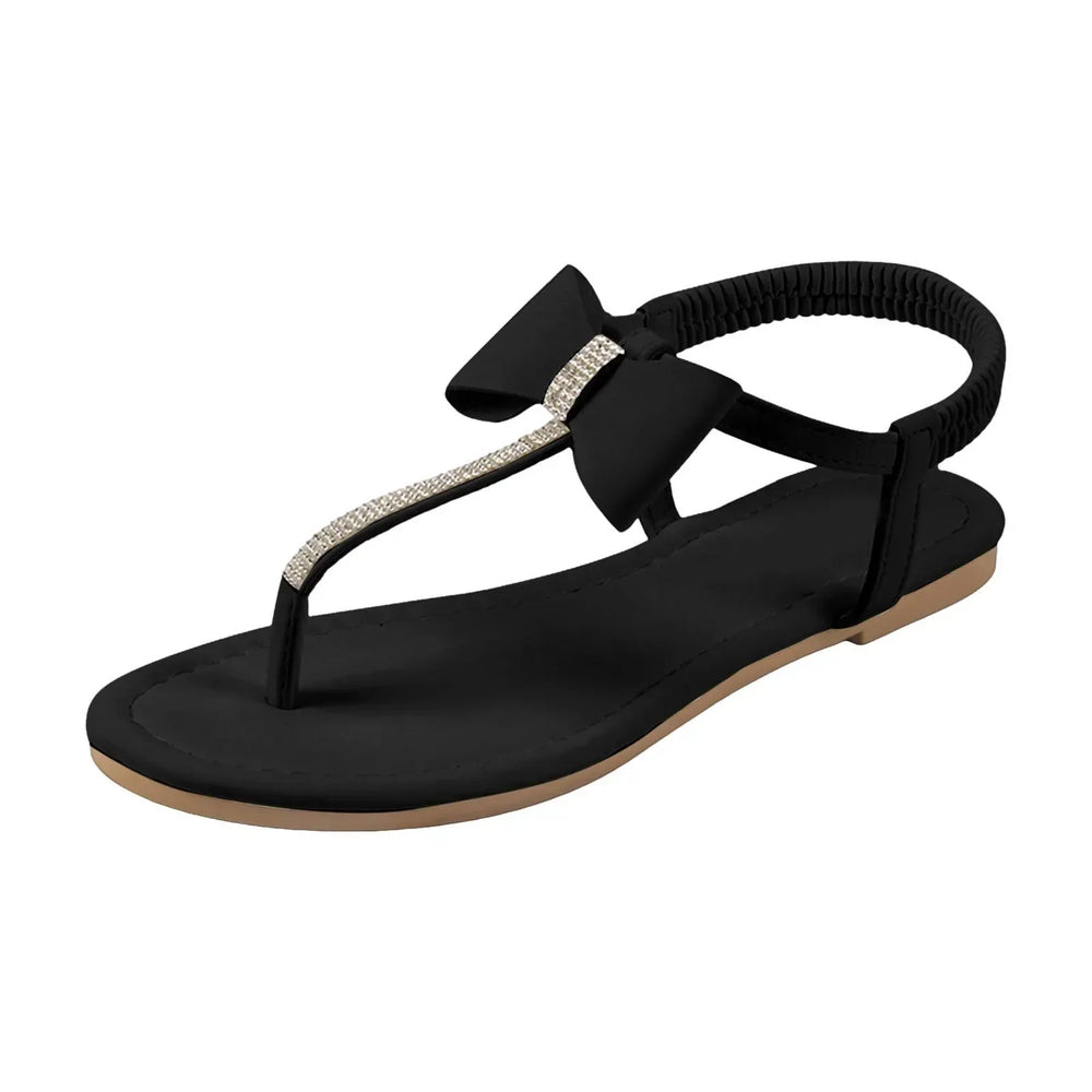 Lysandra | Women's Black Bow Rhinestone Flat Sandals - Image 2