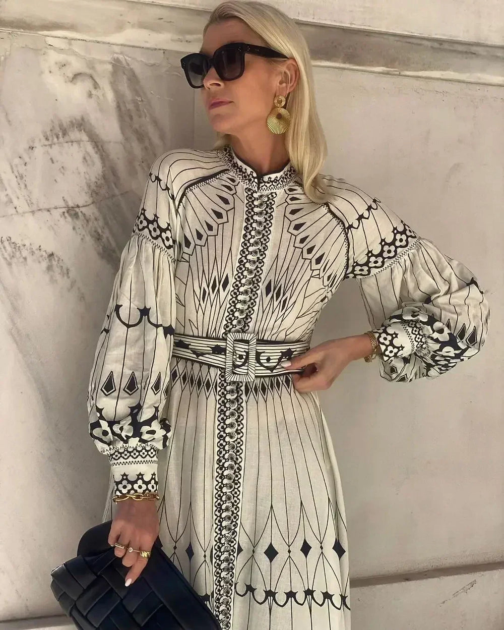 Mirabelle | Women's Printed Long Sleeve Midi Dress - White - Image 2