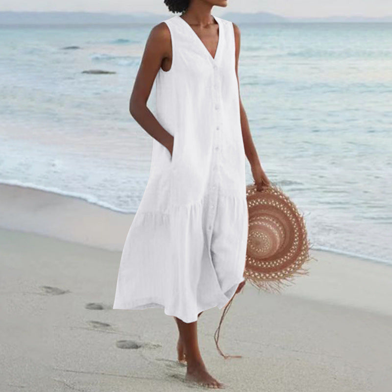 Neve | Women's V-Neck Sleeveless Button Front Midi Dress - Light Pink - Image 2