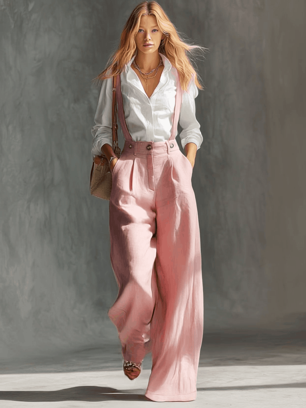Odette | Women's High Waist Suspender Wide Leg Pants - Light Pink - Image 2