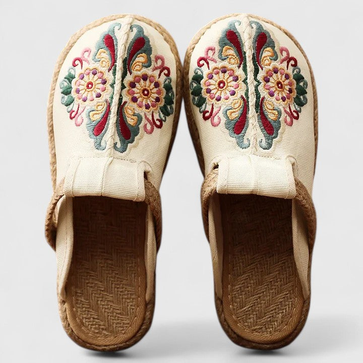 Ophelia | Women's Embroidered Floral Flat Mules - Red - Image 2