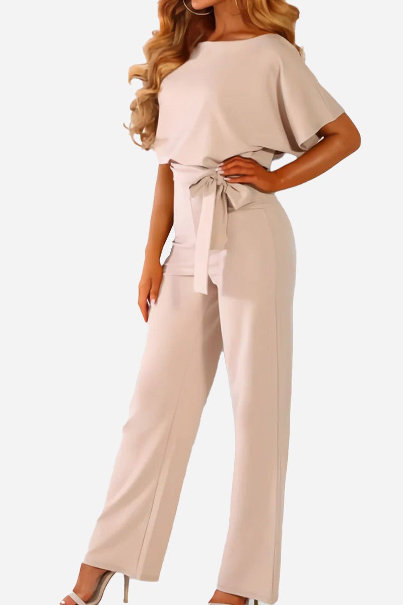 Ophelia | Women's Wide Leg Belted Jumpsuit Short Sleeve - Black - Image 2