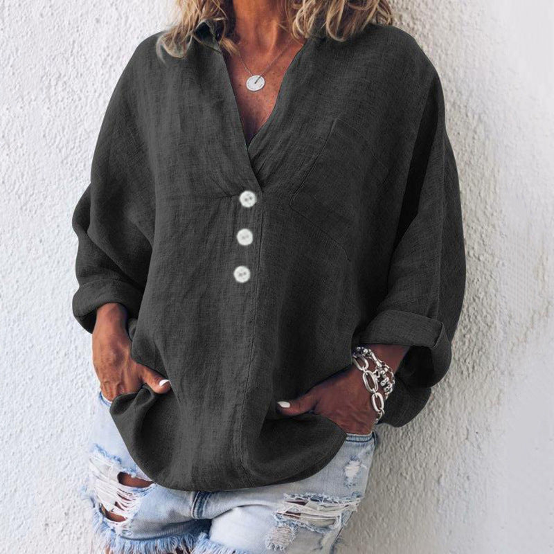 Ophira | Women's Oversized Button Up V-Neck Long Sleeve Top - Image 2