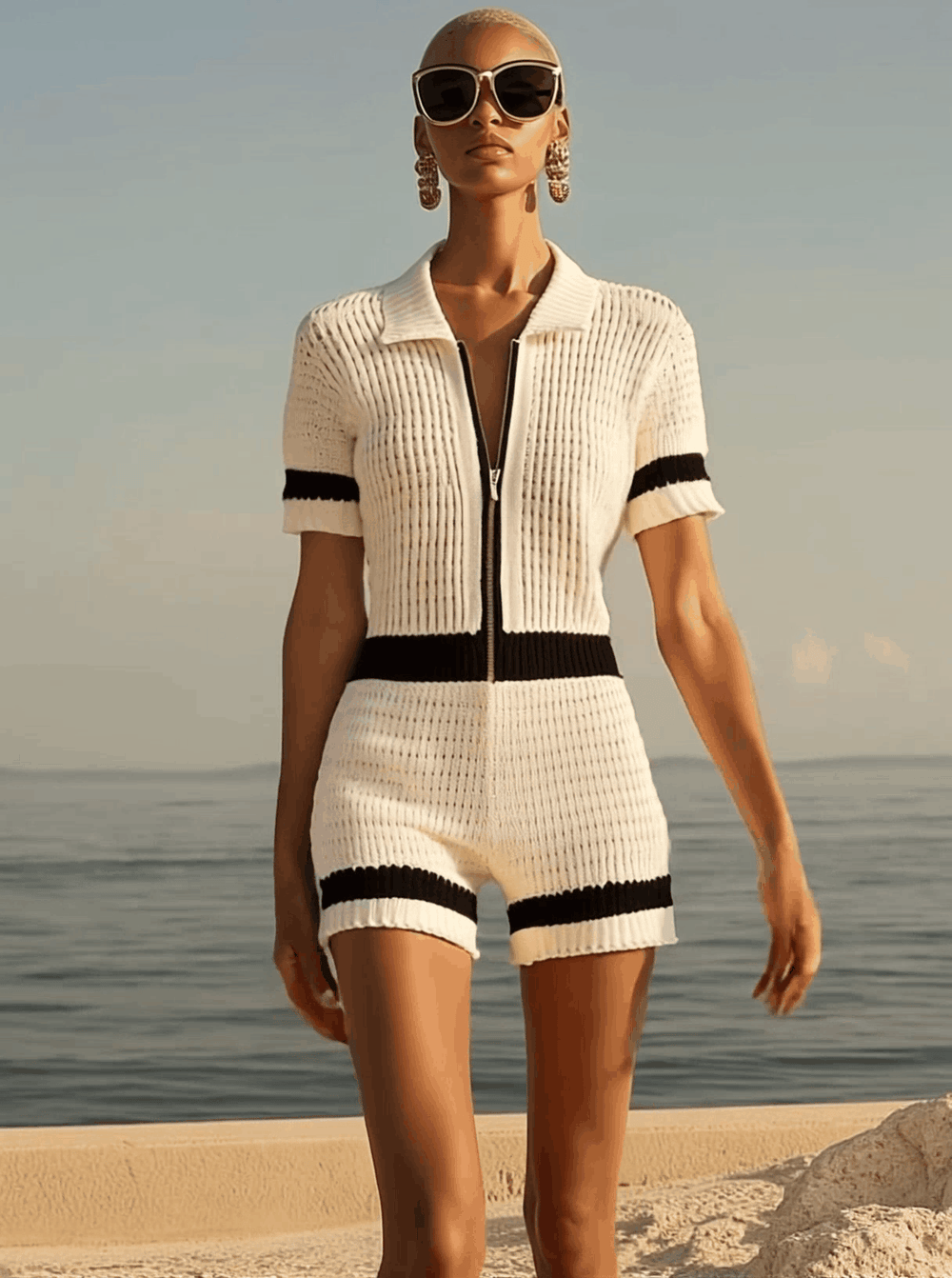 Oriane | Women's Striped Knit Short Sleeve Romper - Cream - Image 2