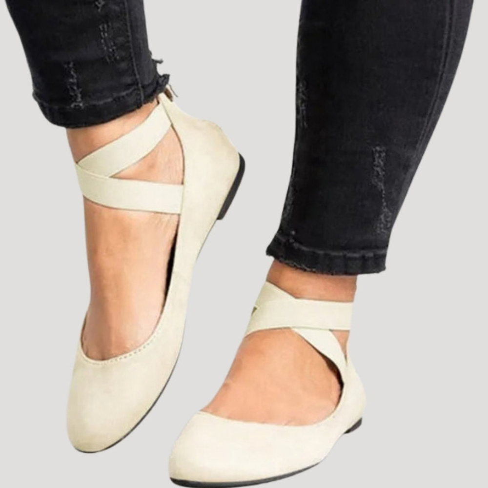 Paloma | Women's Criss-Cross Ankle Strap Ballet Flats - Camel - Image 2