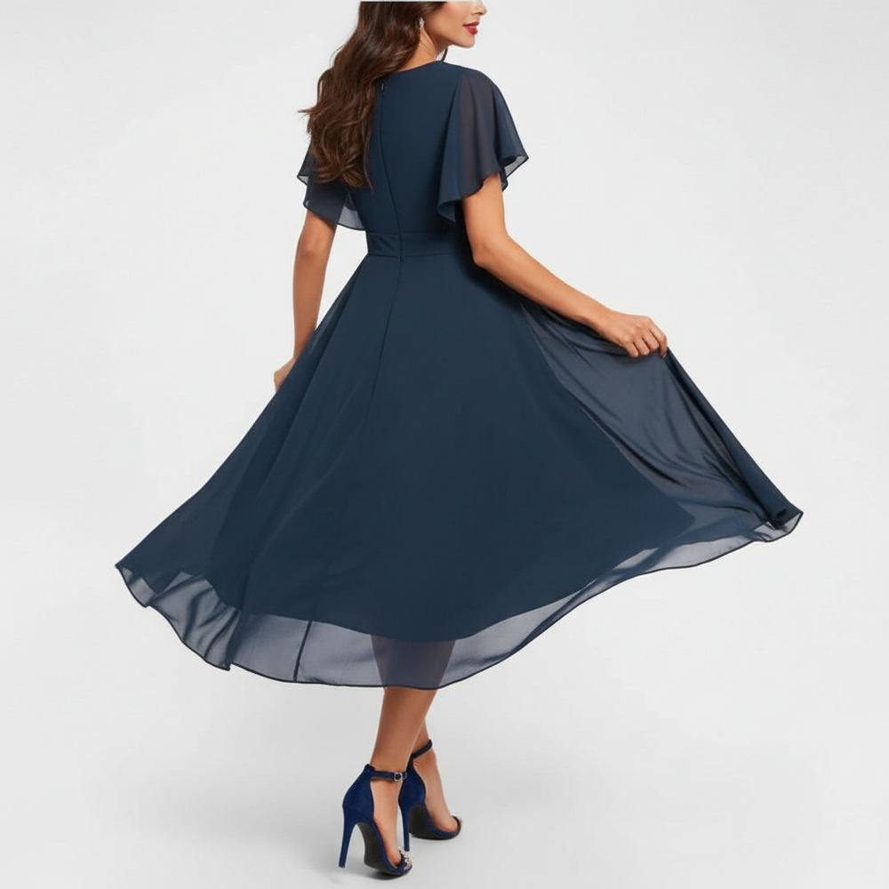Rowena | Women's V-Neck Flutter Sleeve Midi Dress - Navy - Image 2