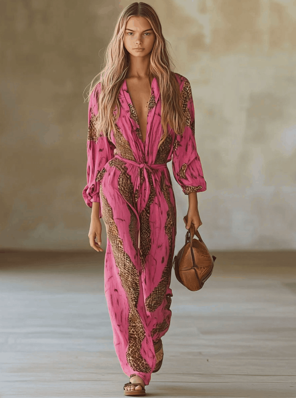 Sable | Women's Printed Wide Leg Long Sleeve Jumpsuit - Hot Pink - Image 2