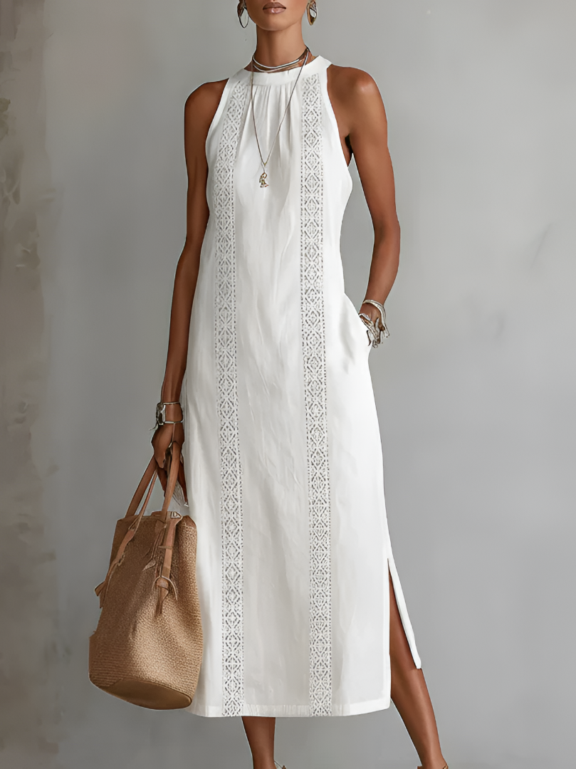 Sylvaine | Women's Halter Neck Embroidered Maxi Dress - White - Image 2