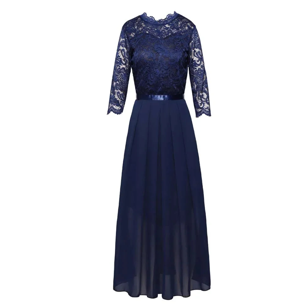 Thessadora | Women's Navy 3/4 Sleeve Maxi Evening Dress - Image 2