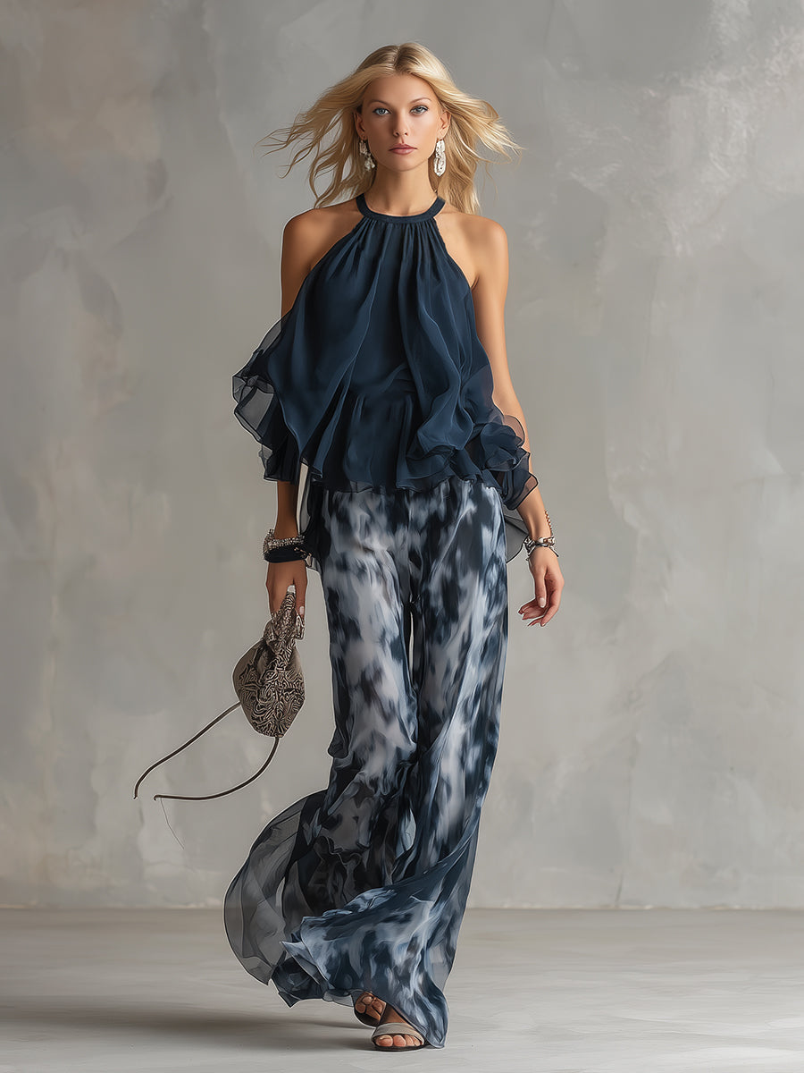Thessaly | Women's Halter Neck Ruffle Top Wide Leg Pants Set - Tie Dye - Image 2