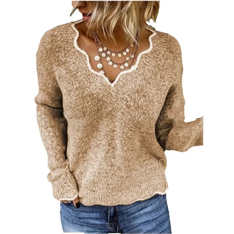 Valentina | Women's Scalloped V-Neck Long Sleeve Sweater - Image 2