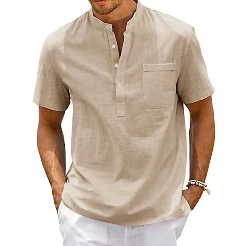 Vasco | Men's Short Sleeve Henley Band Collar Shirt - Beige - Image 1