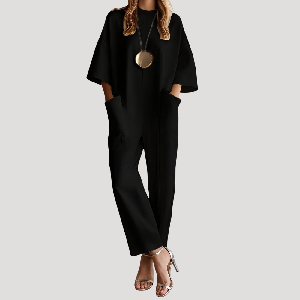 Vesna | Women's Wide Leg Round Neck Jumpsuit - Cream - Image 2