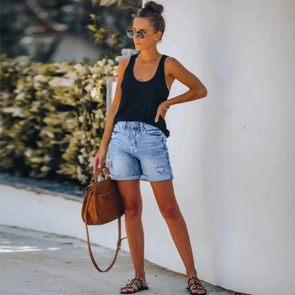 Zara | Women's High Waist Distressed Shorts - Light Blue - Image 1